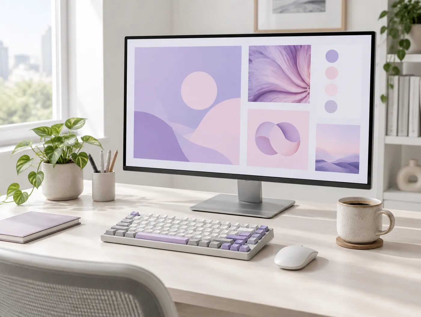 A studio workspace with a design layout on screen