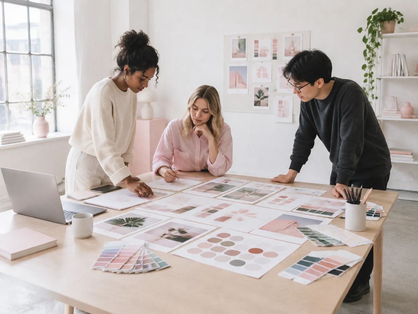 Designers reviewing printed brand boards