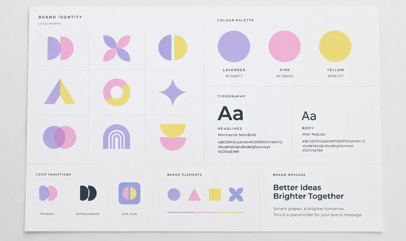 A brand identity board of marks, colours and type